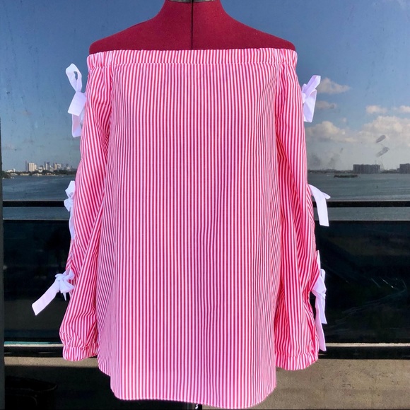 Do+Be Striped Off Shoulder Bow Tied Sleeves Blouse - Picture 6 of 12